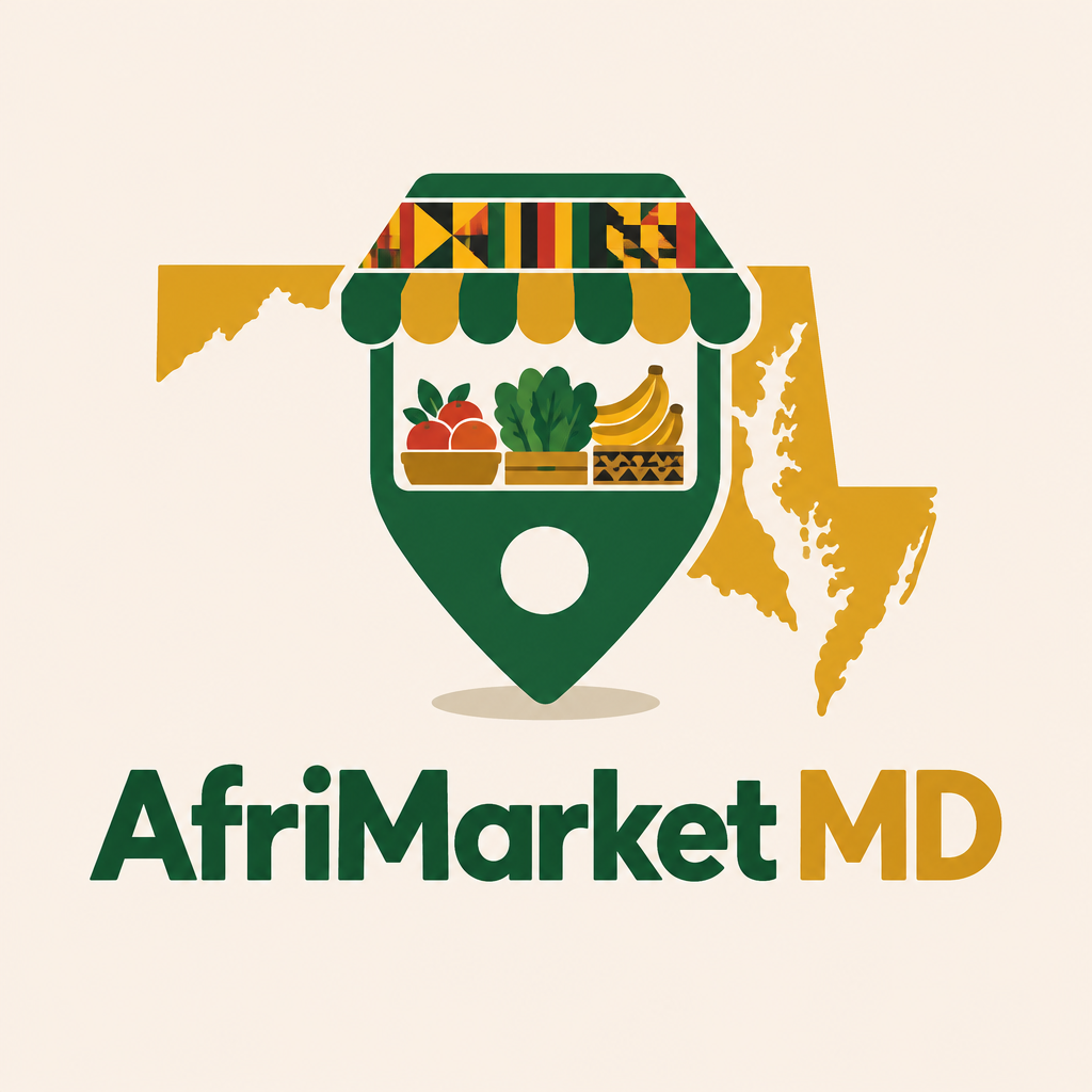 AfriMarket MD logo with an African market stall and Maryland silhouette